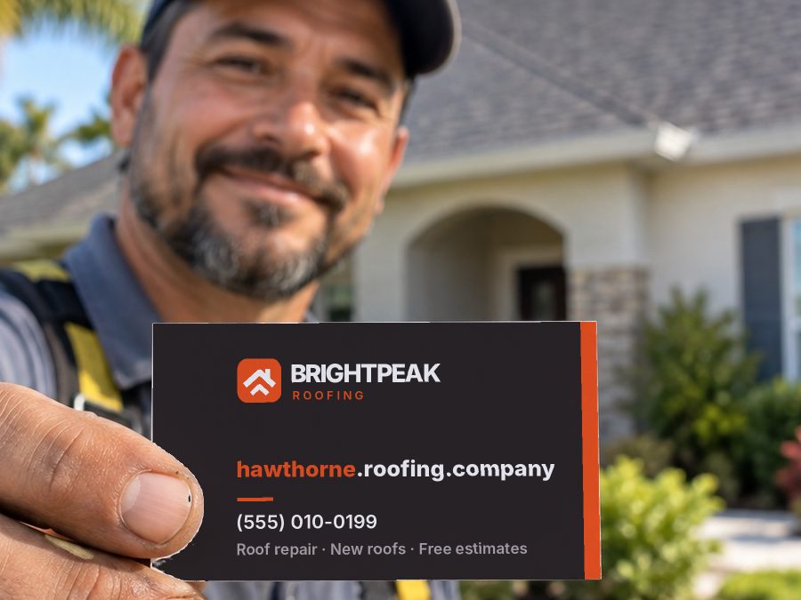 hawthorne.roofing.company on a roofer's business card
