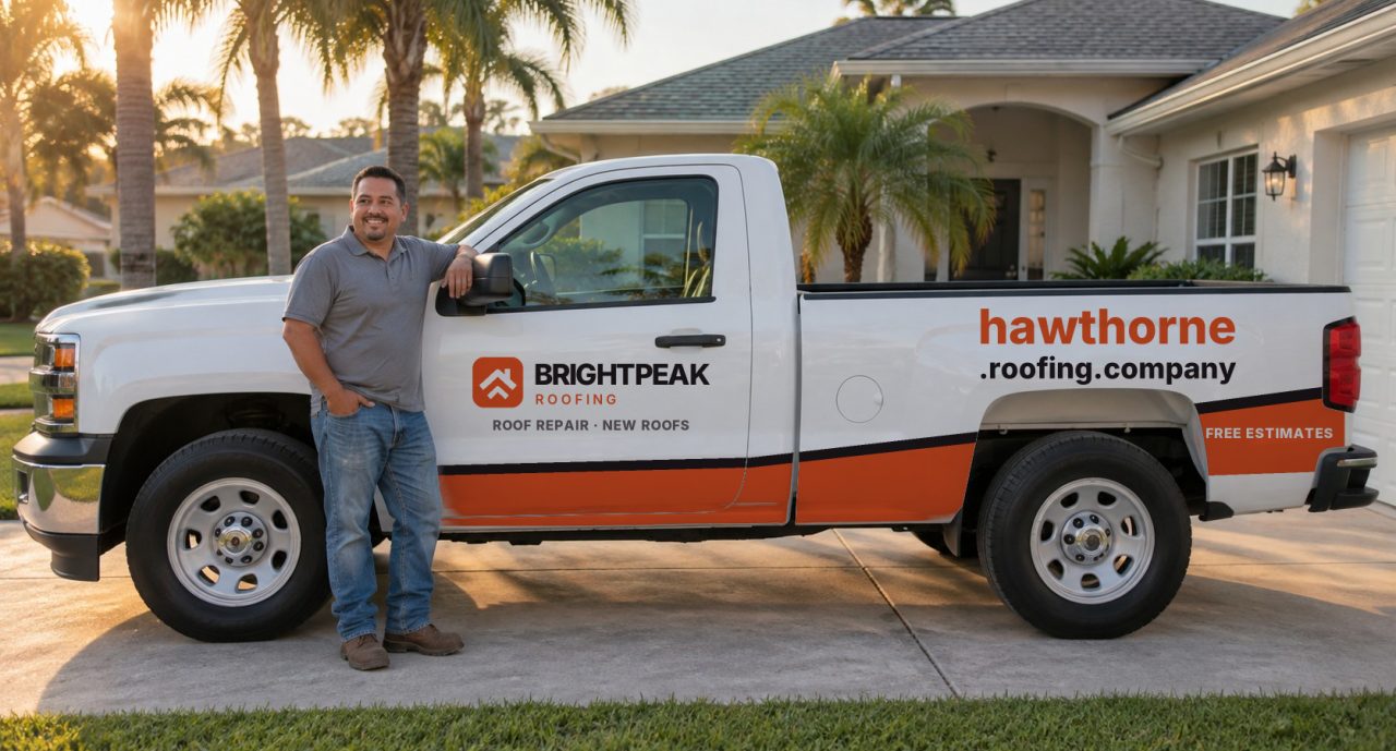 hawthorne.roofing.company painted on the side of a white work truck