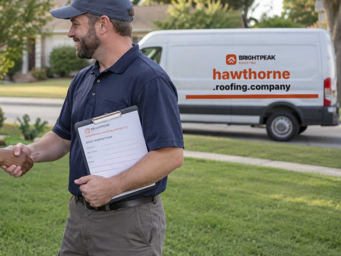 hawthorne.roofing.company on a roofing van and an inspection form